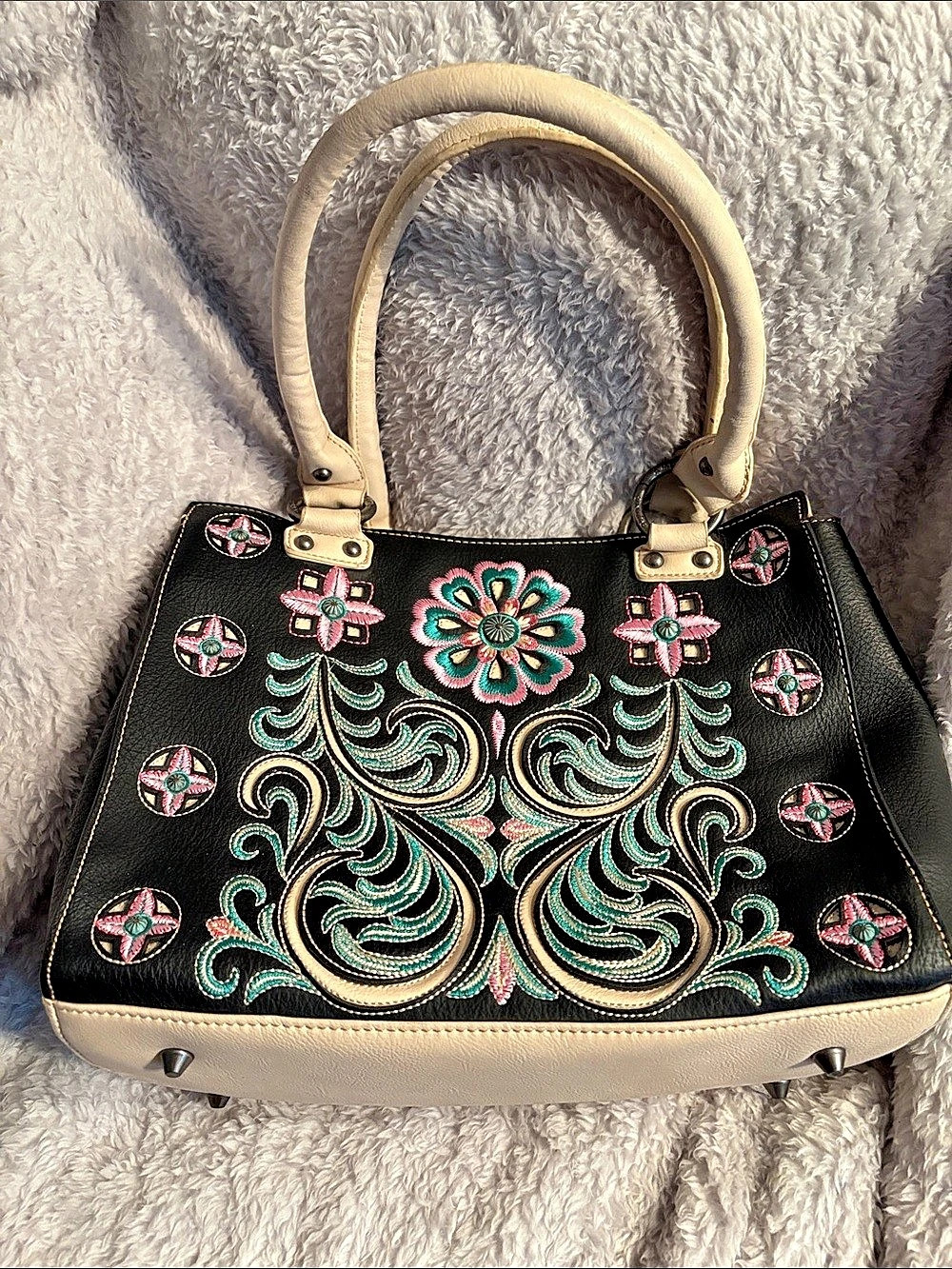 American Bling Embroidered Satchel in Black & Cream